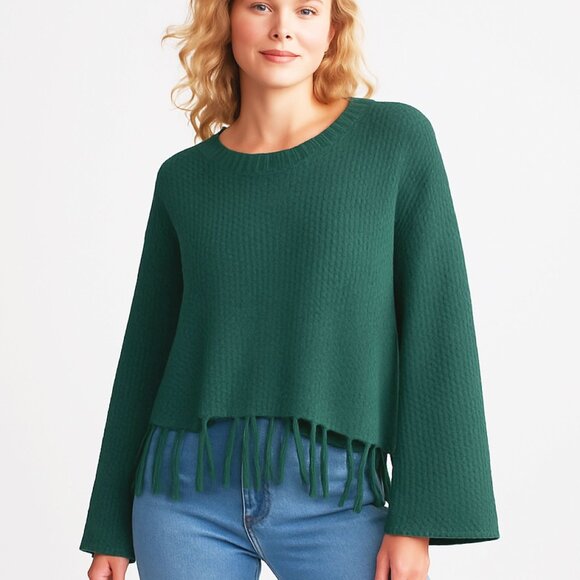 Anthropologie Le Lis Forest Green Boho Textured Knit Sweater Fringe Hem Womens L - Picture 1 of 8